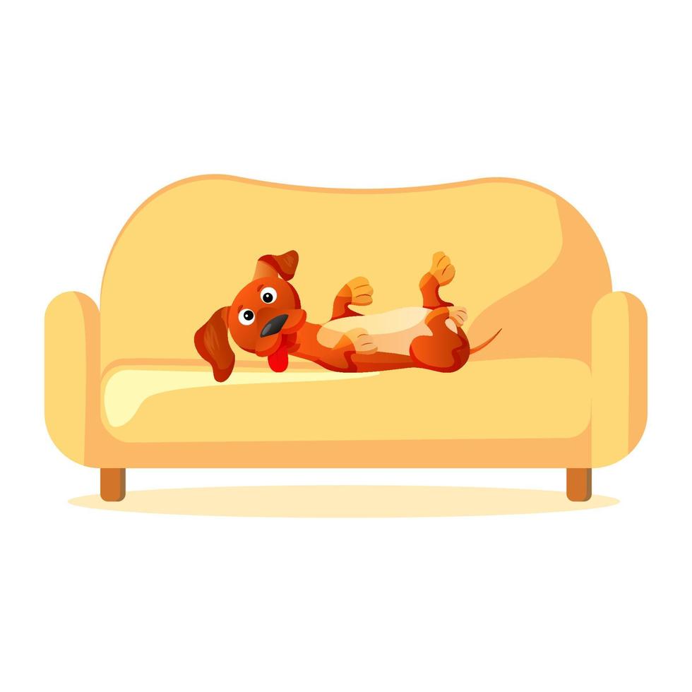 Hund spielt auf dem Sofa. Dackel liegt auf Möbeln vektor