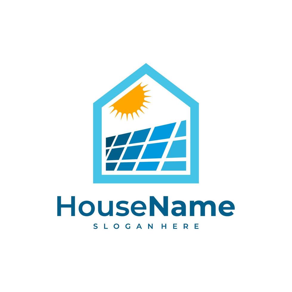 Vorlage für das Logo-Symbol für Solarenergie. Solarpanel auf dem Dach mit Haus und Sonnenzeichen. Emblem des alternativen Energieunternehmens. Geschäftssymbol für erneuerbare Energien. Vektor-Illustration. vektor