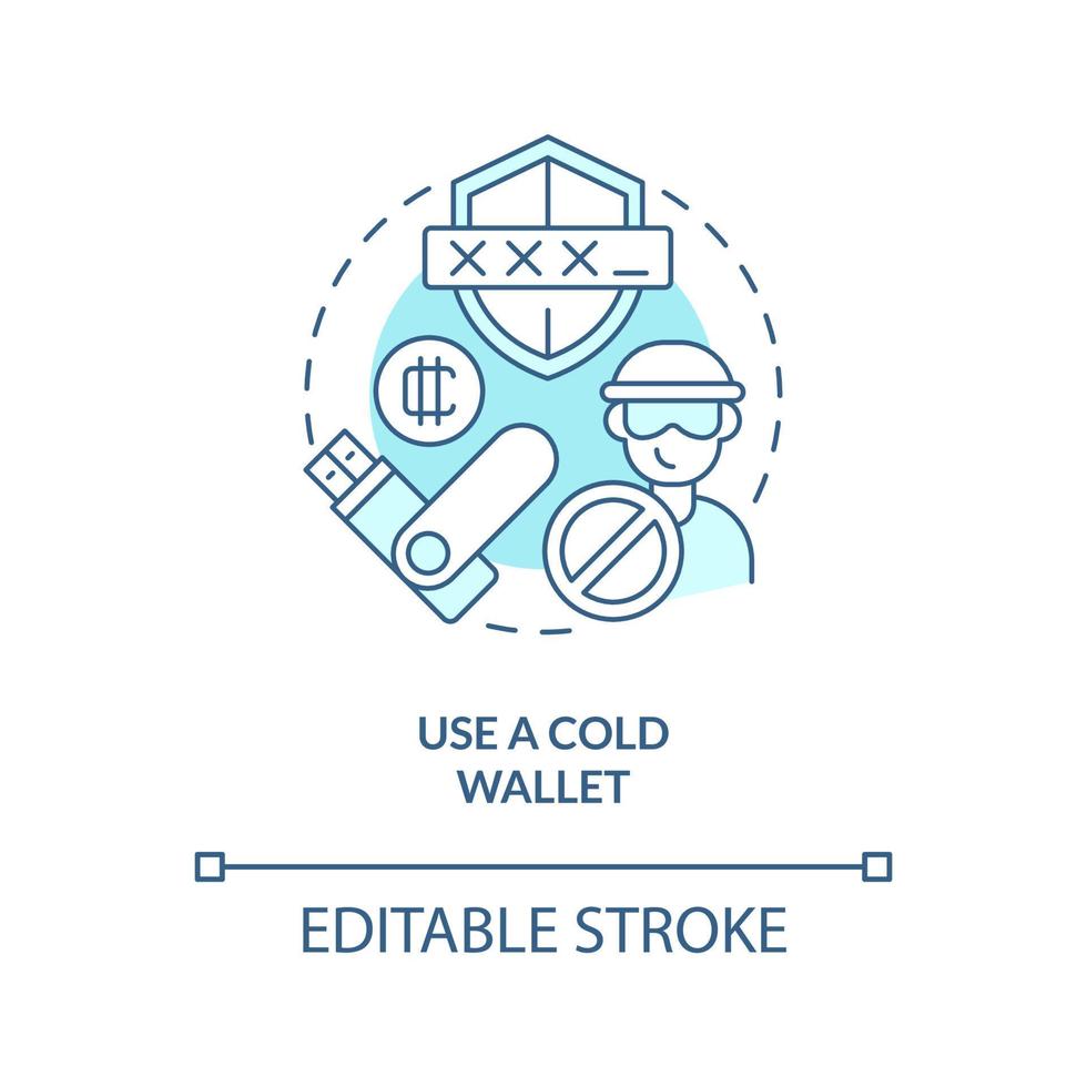 Verwenden Sie das Symbol für das türkisfarbene Konzept der kalten Brieftasche. Hardware für Händler. abstrakte idee der kryptowährungssicherheit dünne linie illustration. isolierte Umrisszeichnung. editierbarer Strich. vektor