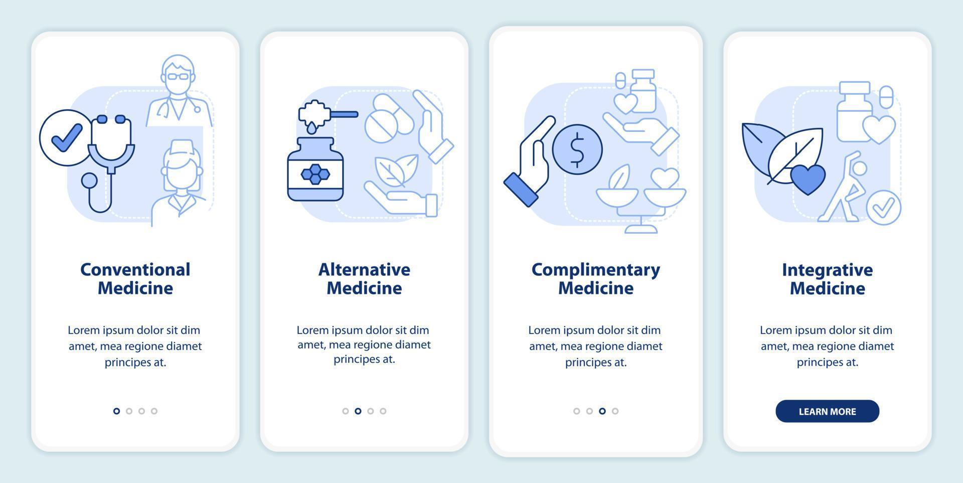 Ansätze zur medizinischen Versorgung hellblauer Onboarding-Bildschirm der mobilen App. Komplettlösung 4 Schritte editierbare grafische Anweisungen mit linearen Konzepten. ui, ux, gui-Vorlage. vektor