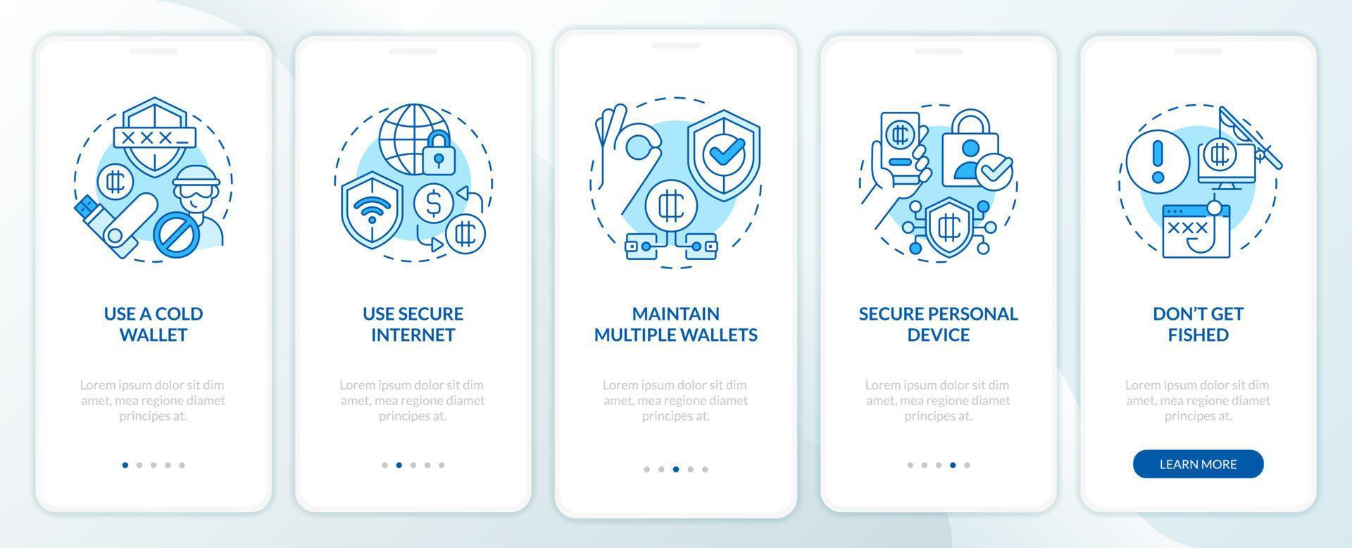 Krypto-Wallet-Sicherheit blauer Onboarding-Bildschirm der mobilen App. Sicherheits-Walkthrough 5 Schritte editierbare grafische Anweisungen mit linearen Konzepten. ui, ux, gui-Vorlage. vektor