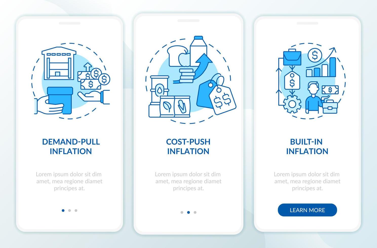 Inflationstypen blauer Onboarding-Bildschirm der mobilen App. Steigende Preise Komplettlösung 3 Schritte editierbare grafische Anweisungen mit linearen Konzepten. ui, ux, gui-Vorlage. vektor