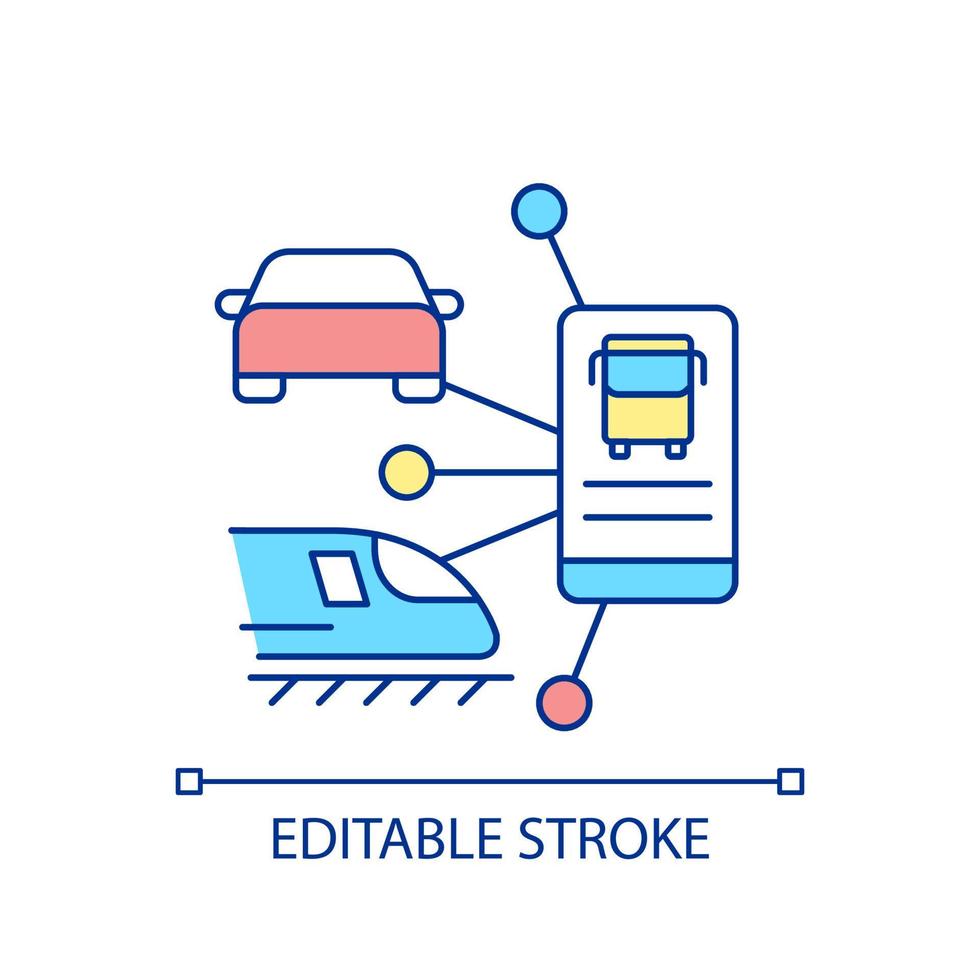 RGB-Farbsymbol für die Transportdienstanwendung. verschiedene Fahrzeuge. Smartphone-App. Zeitplan und Planung. isolierte vektorillustration. einfache gefüllte Strichzeichnung. editierbarer Strich. vektor