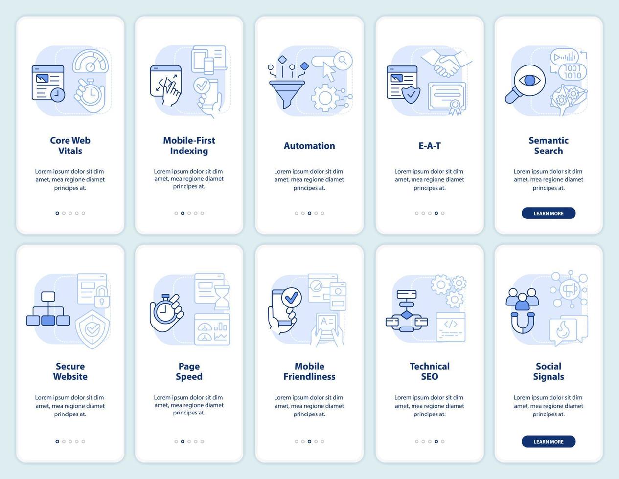 suchmaschinenoptimierung hellblauer onboarding mobiler app-bildschirmsatz. Komplettlösung 5 Schritte bearbeitbare Anweisungen mit linearen Konzepten. ui, ux, gui-Vorlage. vektor