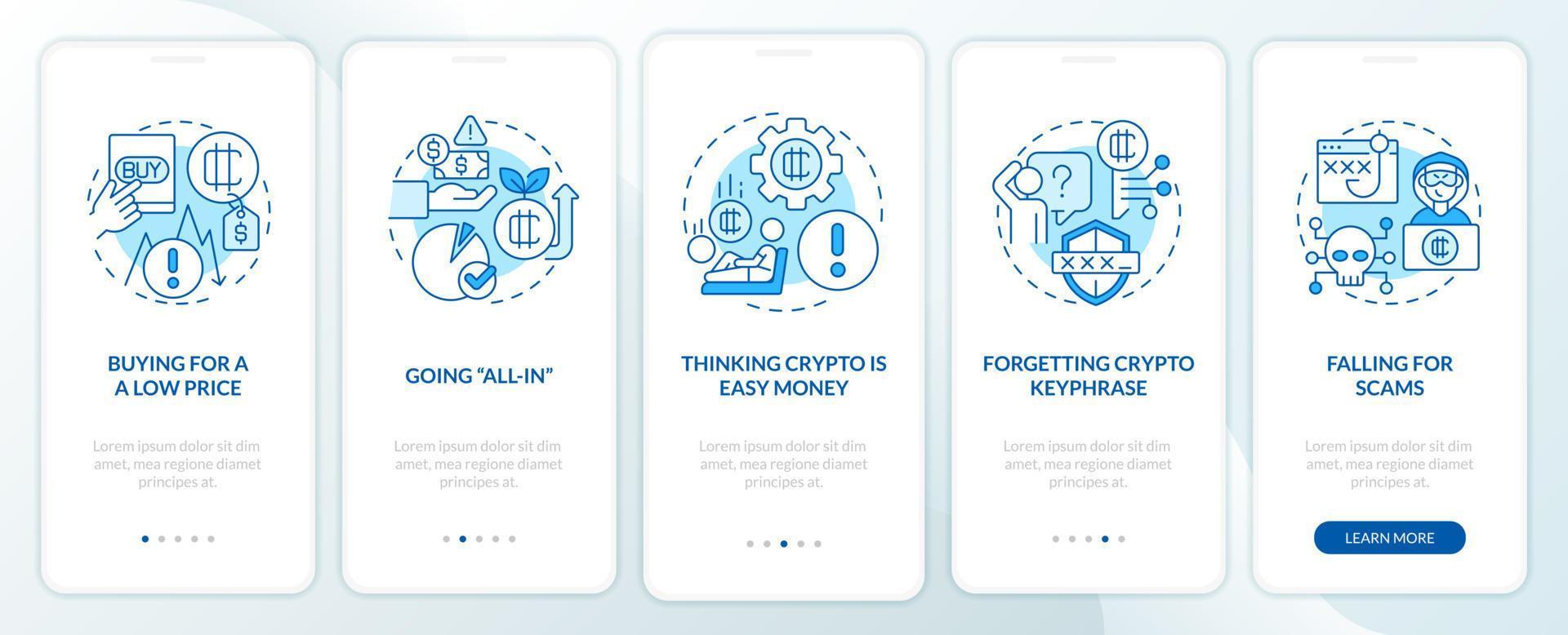 häufige kryptofehler blauer onboarding-bildschirm der mobilen app. Risiken Komplettlösung 5 Schritte editierbare grafische Anweisungen mit linearen Konzepten. ui, ux, gui-Vorlage. vektor