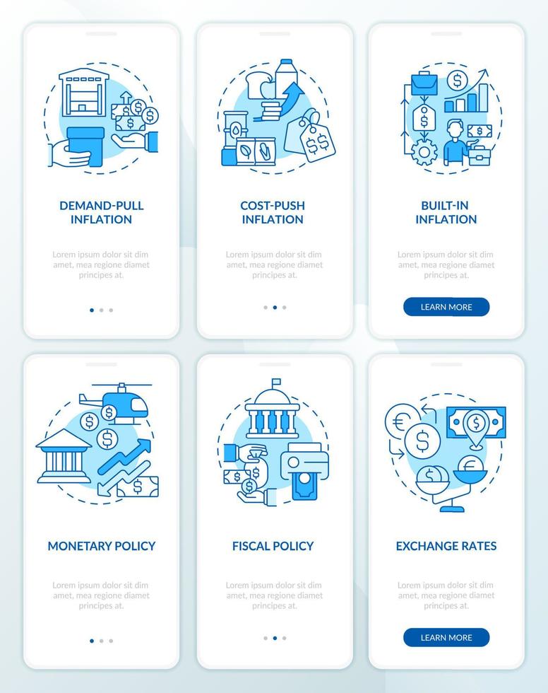 Inflationstypen und verursacht einen blauen Bildschirmsatz für das Onboarding der mobilen App. Komplettlösung 3 Schritte editierbare grafische Anweisungen mit linearen Konzepten. ui, ux, gui-Vorlage. vektor