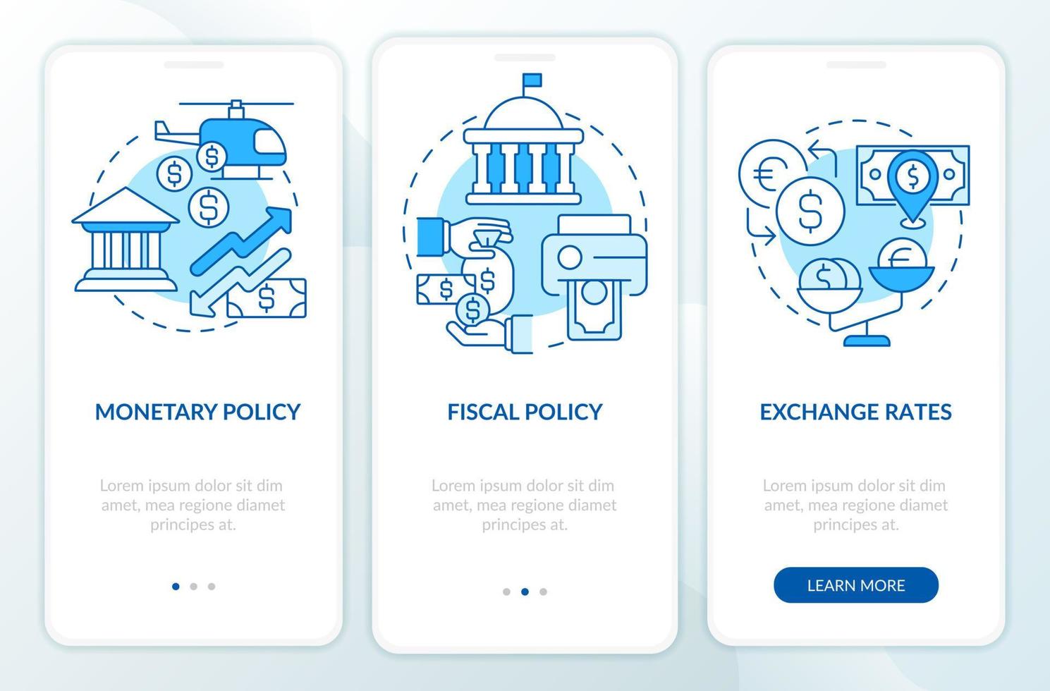 Inflation verursacht blauen Onboarding-Bildschirm der mobilen App. Wirtschaftskrise Walkthrough 3 Schritte bearbeitbare grafische Anweisungen mit linearen Konzepten. ui, ux, gui-Vorlage. vektor