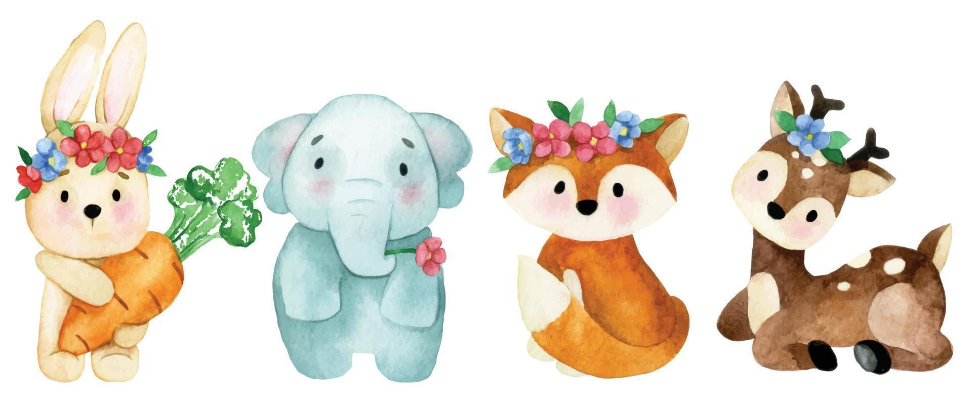 vattenfärg teckning. uppsättning av söt djur med blommor. tecken för barn kanin, elefant, räv, rådjur. bebis bok scrapbooking vektor