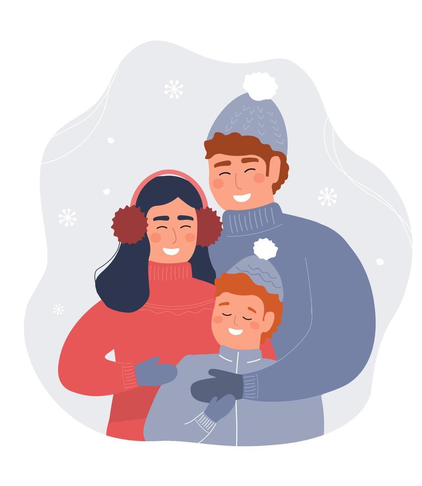 glückliche Familienumarmungen. mama, papa, sohn im winter zusammen in warmer kleidung. Vektorgrafiken. vektor