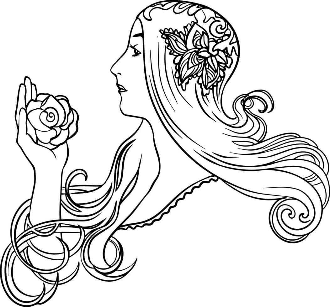 abstrakte Frau mit einer schwarz-weißen Linienzeichnung des Rosenvektors. für Ihre Design- und Malbücher. isolierte Zeichnung. handgemalt. vektor