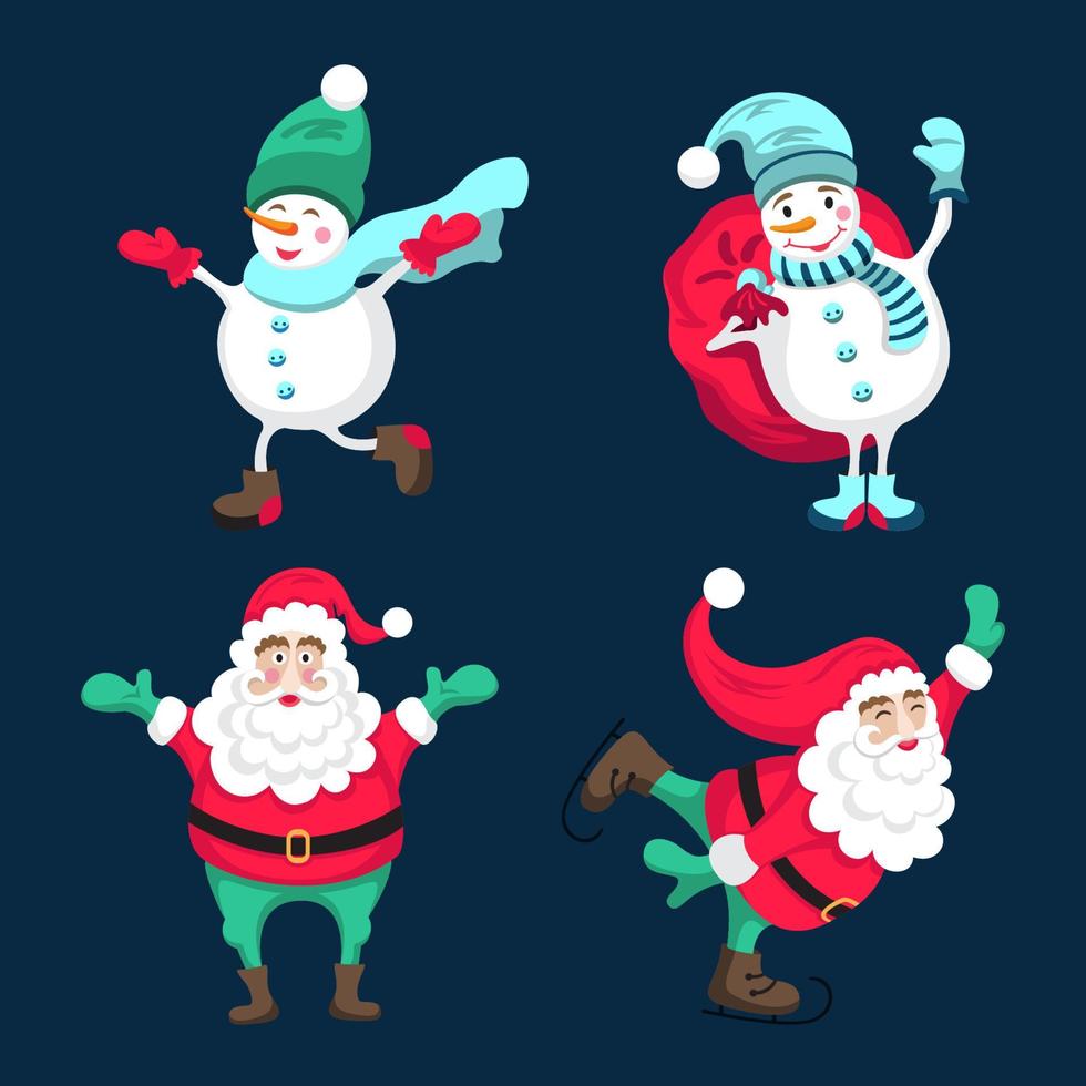 fröhliche schneemänner und der weihnachtsmann in verschiedenen posen. Reihe von Winterferien vektor