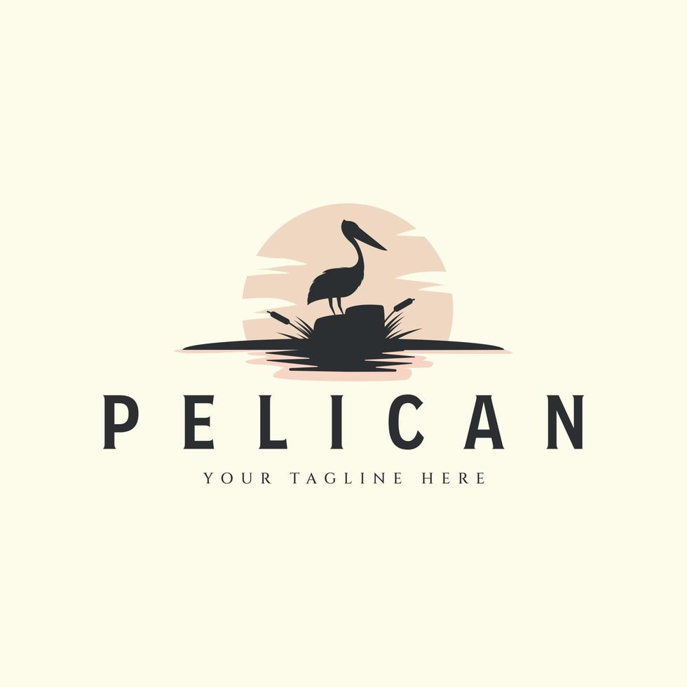 Pelikan mit Sonne und Rohrkolben Vektor Logo Vintage Template Illustration Design