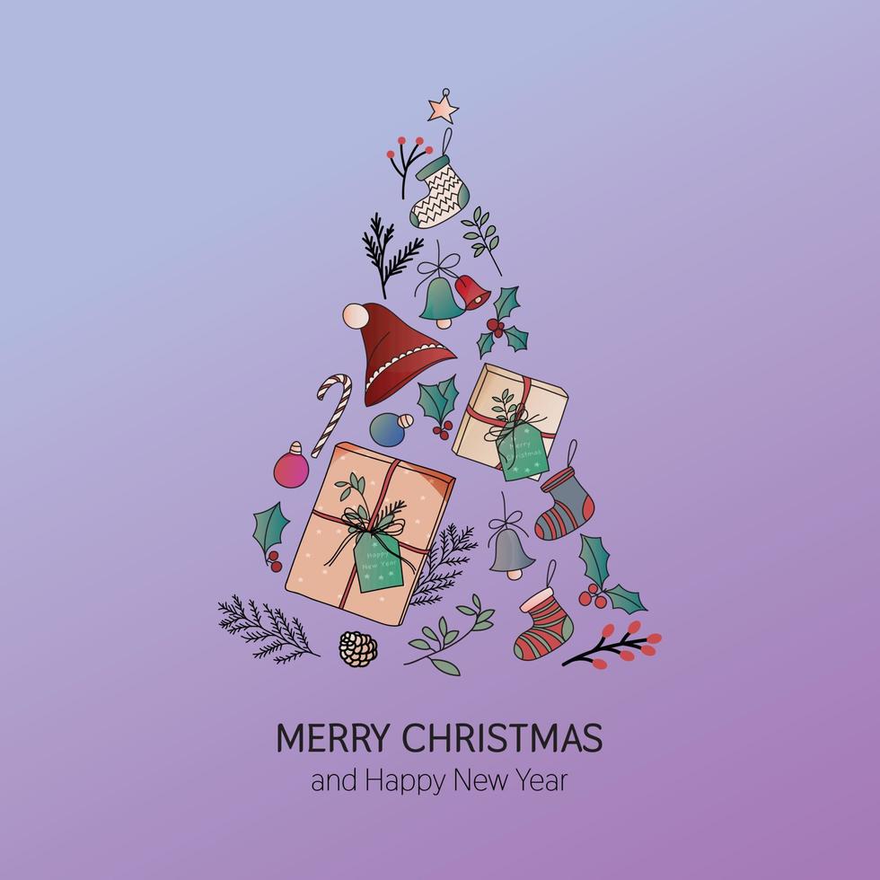 weihnachtsbaumset mit verschiedenen weihnachtsschmuckstücken mit frohen weihnachtswünschen auf pastellfarbenem hintergrund. vektor