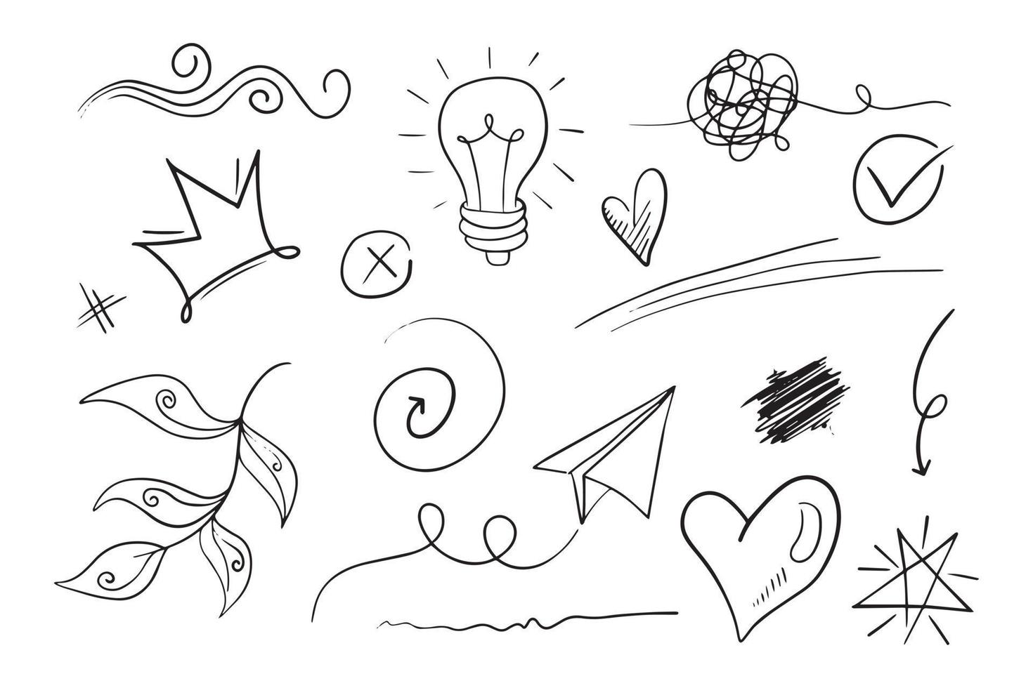 Vektor-Set von Doodle-Elementen, für Konzeptdesign. Kronen, Lichter, Papierflieger, Liebe, Verwicklungen usw. vektor
