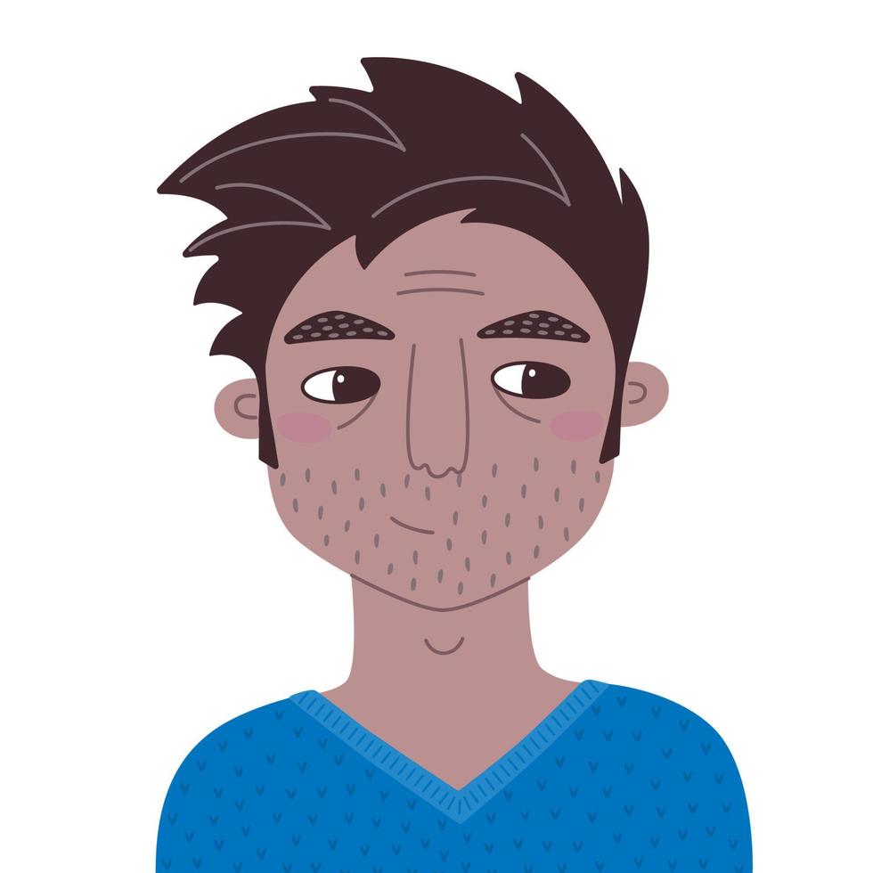 Porträt eines erwachsenen lässigen Mannes mit Stoppeln in einem blauen Pullover. flache vektorillustration des gebräunten kerls. Person mit nachdenklichem Gesichtsausdruck auf weißem Hintergrund. hand gezeichneter avatar für soziales netzwerk. vektor