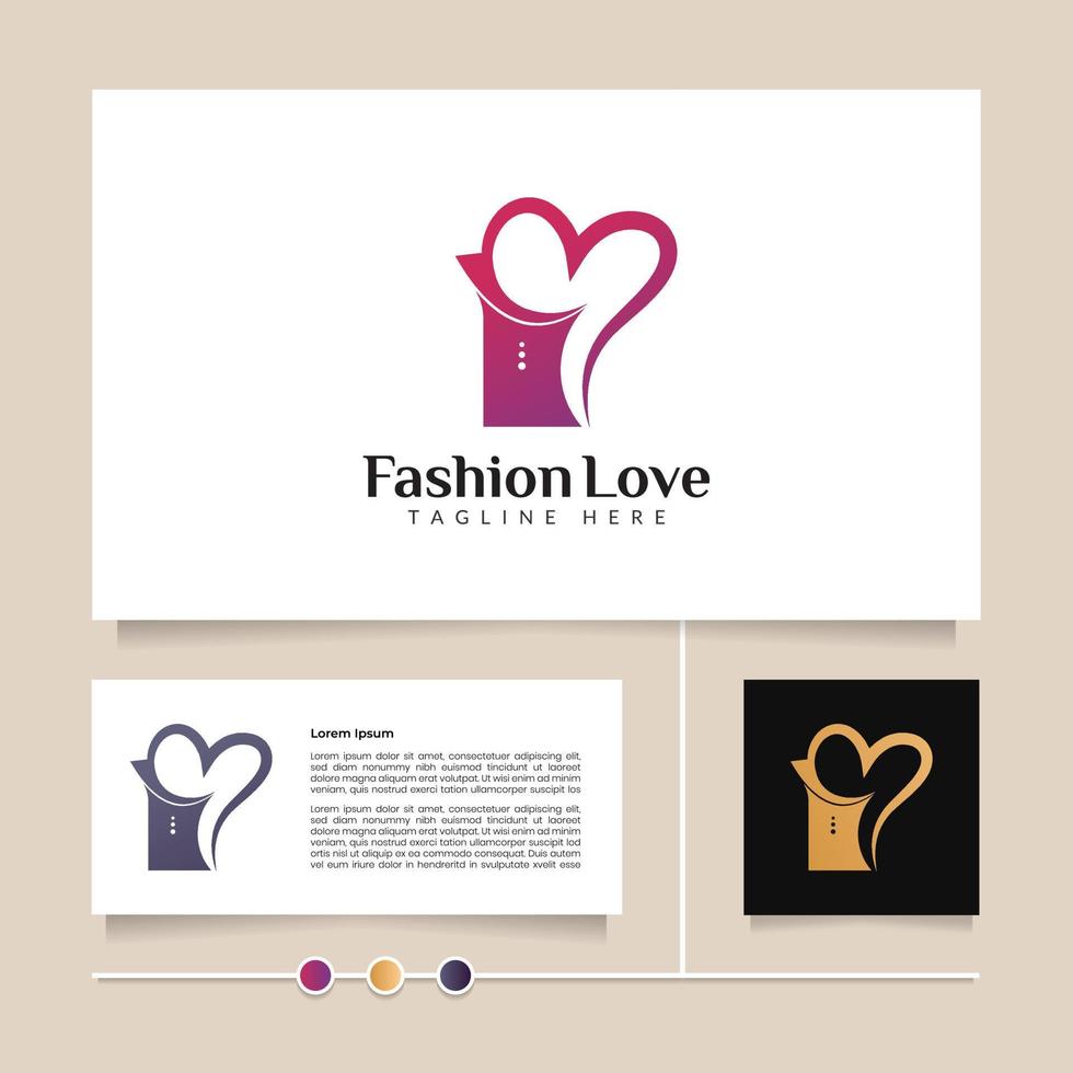 kreatives Mode-Liebe-Logo-Design für Firmenbranding. Schönheitskombination aus Damenmodekleid und Herzform vektor