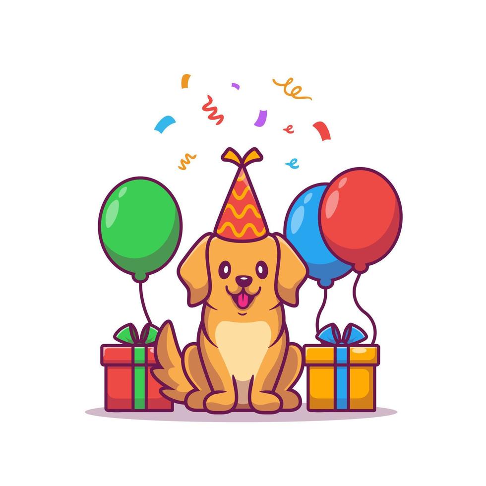 söt hund födelsedag med gåvor och ballong tecknad serie vektor ikon illustration. djur- födelsedag ikon begrepp isolerat premie vektor. platt tecknad serie stil