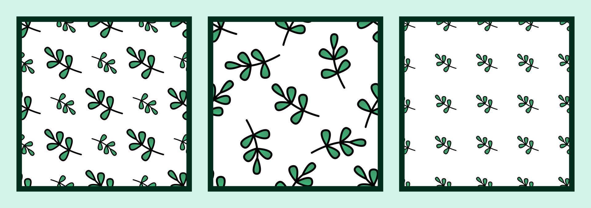uppsättning av tre sömlös naturlig mönster med grön löv på en vit bakgrund. friskhet, organisk, vegetarian begrepp vektor