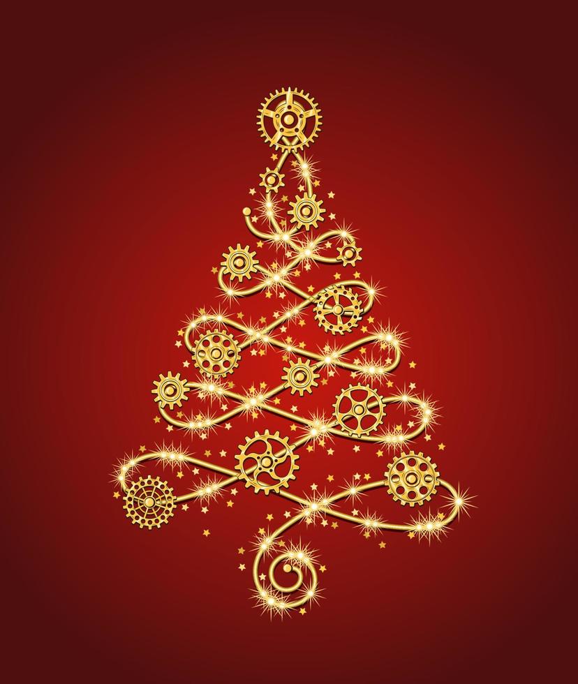 gyllene jul träd tillverkad av guld tråd med växlar, gnistrar, liten spridd stjärnor på en röd bakgrund i steampunk stil. delikat lacy form med slingor. vektor illustration
