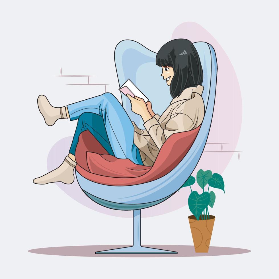 hygge-lifestyle-illustration. glückliches Sitzen auf einem weichen Stuhl und entspannendes Lesen eines Buchvektorillustrations-Pro-Downloads vektor