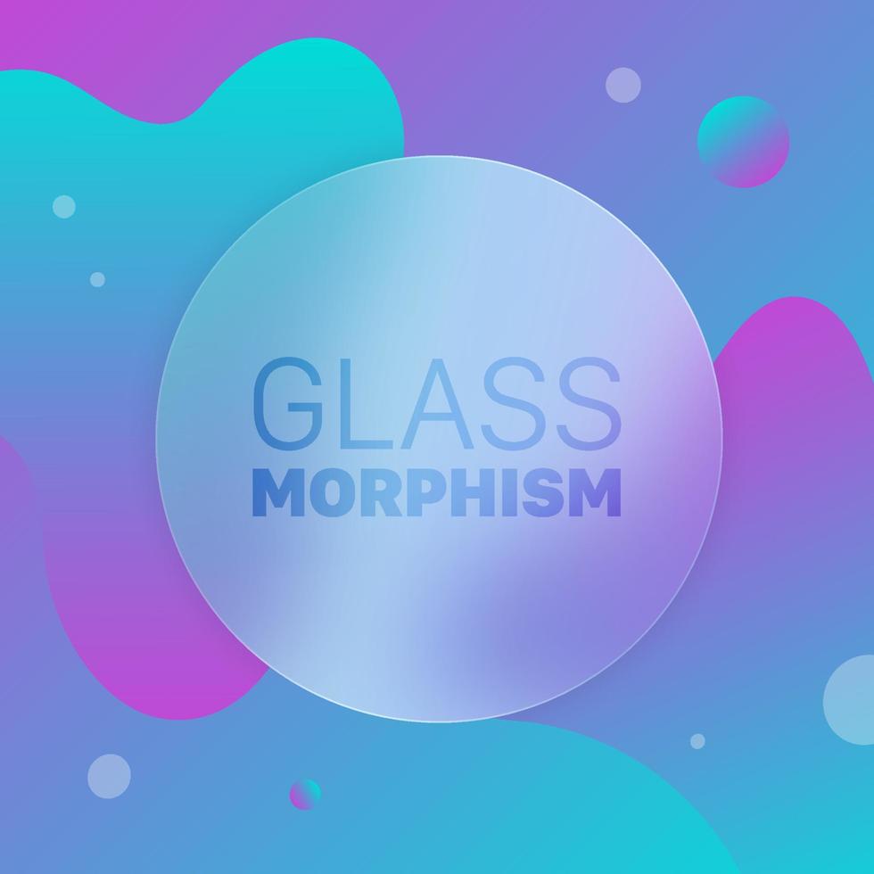 vektor glas morfism stil. genomskinlig cirkel på en neon bakgrund med cirklar och flytande former. matt transparent glas och färgad lutning cirklar. plats för din text, för webb, ui, appar.