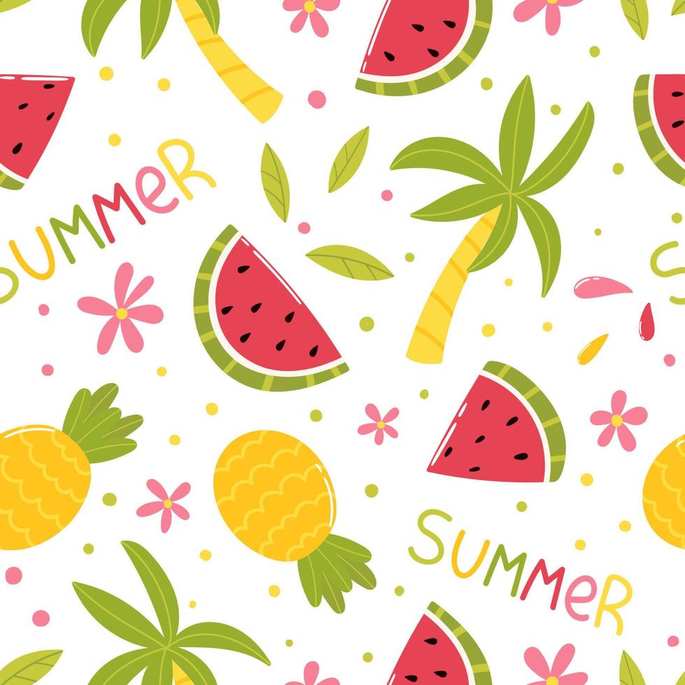 sommar sömlös mönster. vektor tecknad serie i hand dragen enkel platt stil. vattenmeloner, ananas, handflatan träd och blommor.