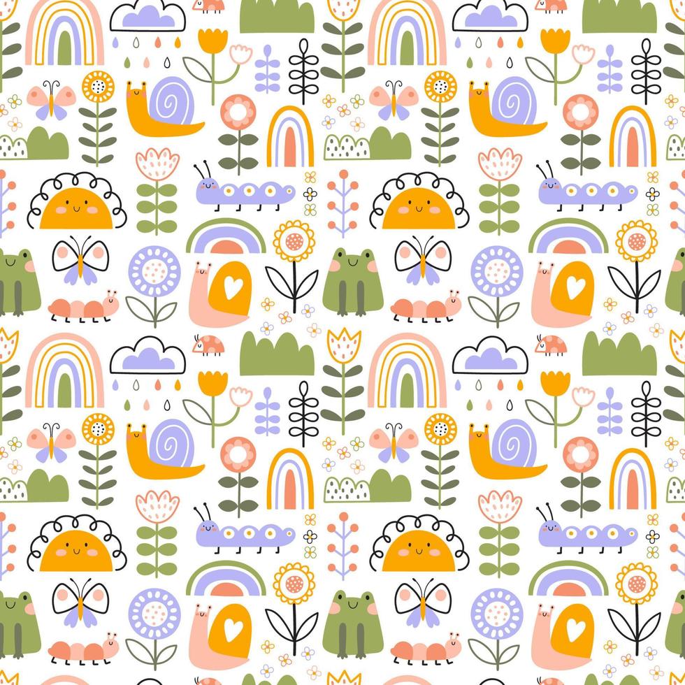 nahtloses muster mit schnecken, frosch, blumen, sonne und regenbogen. vektorillustration im handgezeichneten karikaturstil. helle palette für frühlings- oder sommerdesign von textilien, kinderbekleidung. vektor