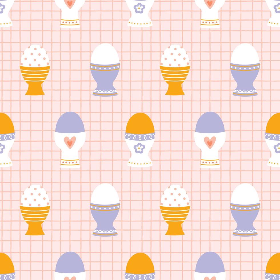 Modernes nahtloses Muster von Ostereiern in Eierbechern mit verschiedenen Ornamenten auf einem rosa karierten Hintergrund. geeignet für Küchentextilien. vektor