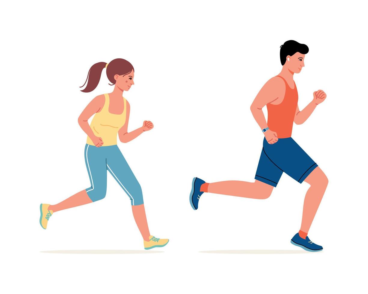 laufender Mann und Frau auf einem weißen Hintergrund. schneller Lauf. das Konzept eines Marathonlaufs vektor