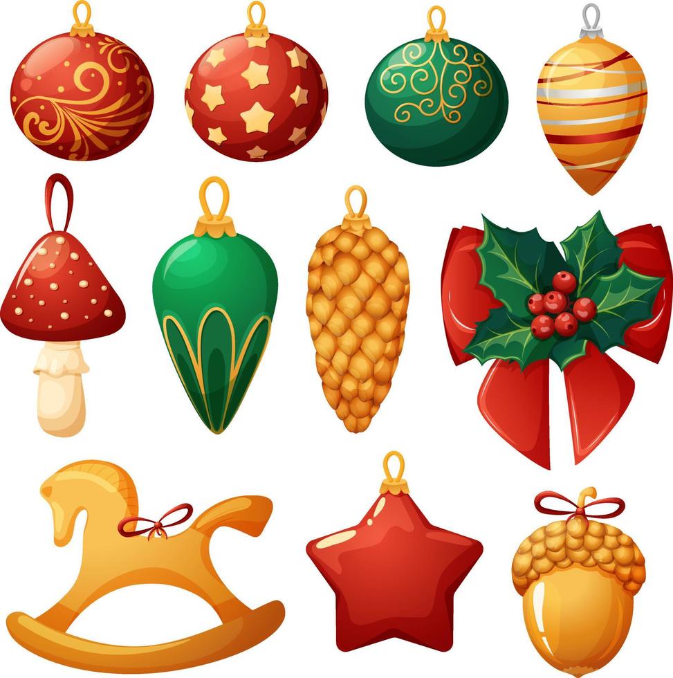 uppsättning av jul träd leksaker, ballonger och dekorationer i guld, röd och grön färger vektor