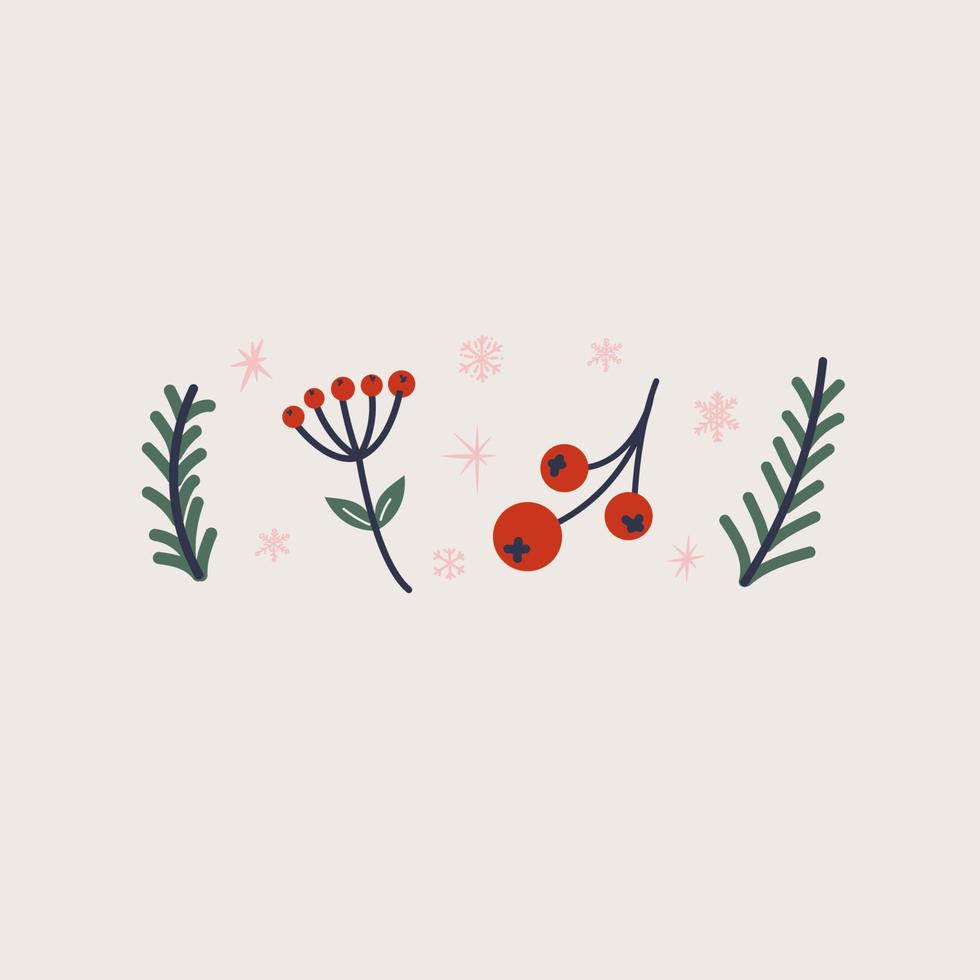 Reihe von Vektor-Weihnachtselementen - Blätter, Schneeflocken, Beeren, Zweige, auf beigem Hintergrund. vektor