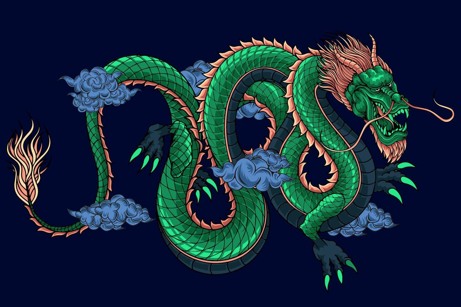 asiatisk traditionell drake illustration idealisk för maskotar och tatueringar eller grafisk t-tröjor vektor