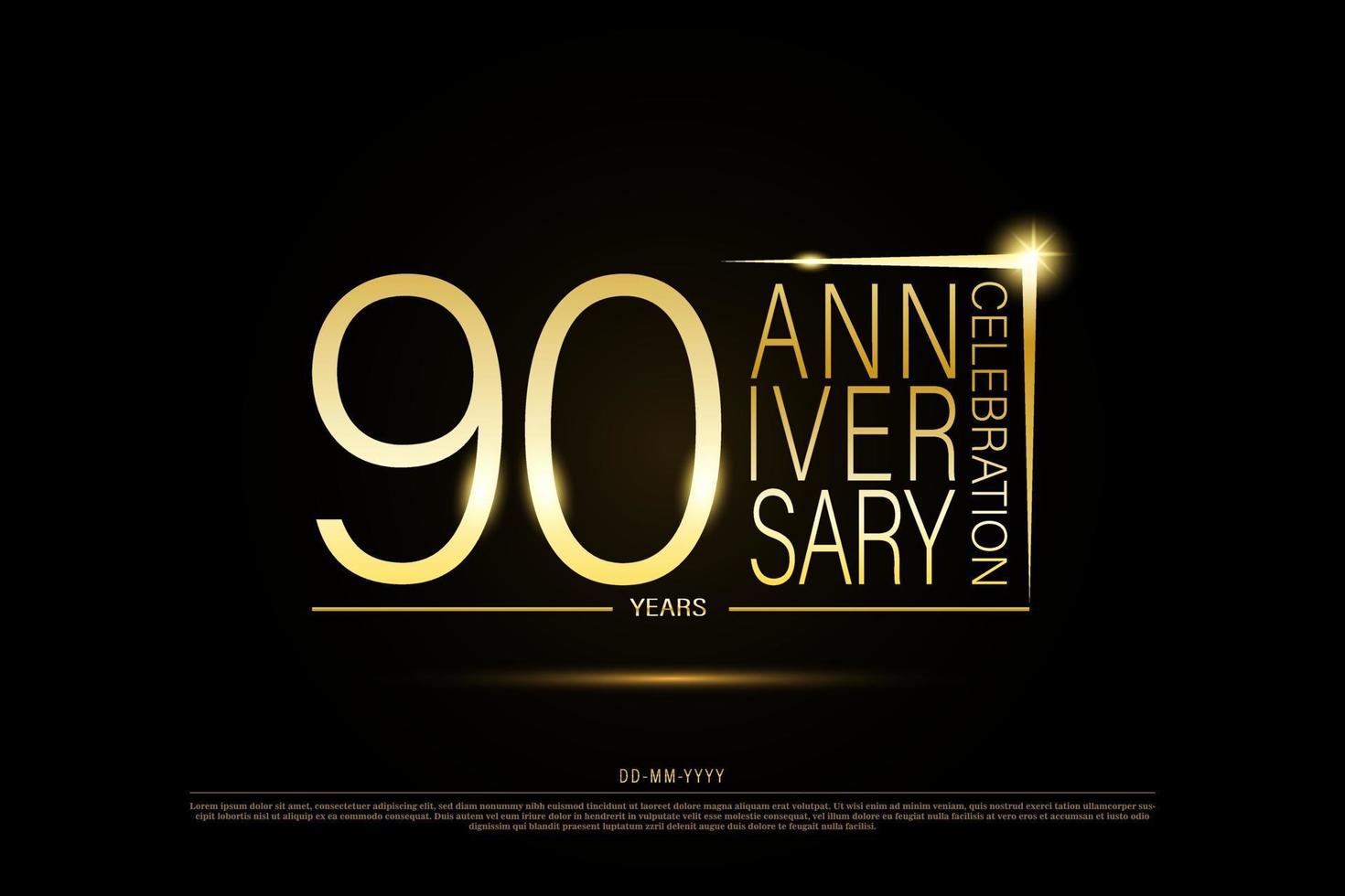 90 år gyllene årsdag guld logotyp på svart bakgrund, vektor design för firande.