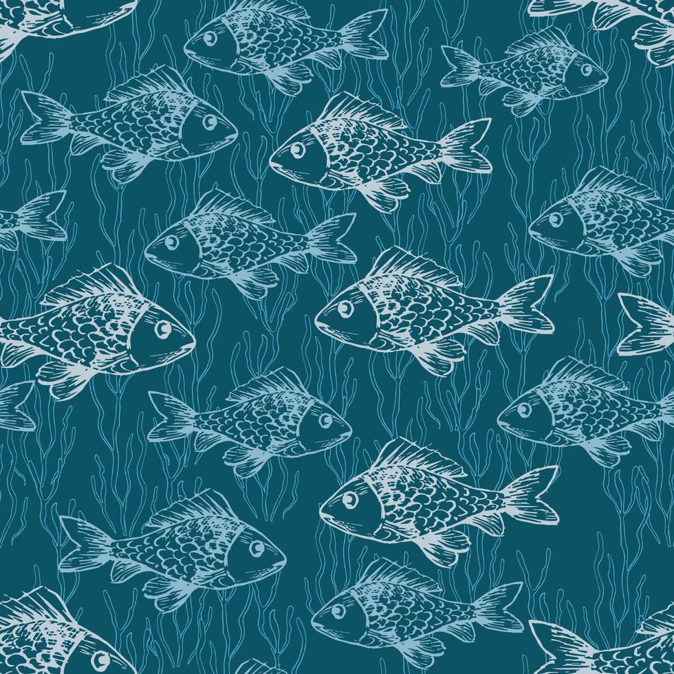 nahtloses Muster mit Fischen auf blauem Hintergrund. Handzeichnung Tusche Umrisskunst. weiße Skizzen von Unterwasser. guter Druck für Tapeten, Textilien, Geschenkpapier, Keramikfliesen. Vektor-Illustration vektor