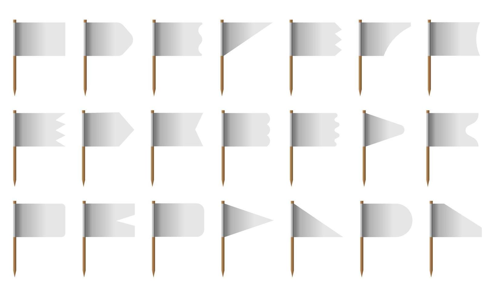 uppsättning realistisk vit flagga isolerat på bakgrund.3d pelare av annorlunda former tom Pol. ikon samling av flaggstång element och mjuk layout begrepp vektor illustration. rektangel, fyrkant och runda