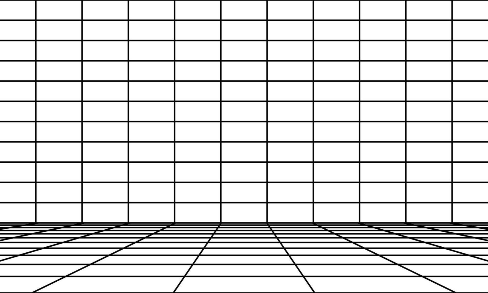 Perspektivenraum mit schwarzem Gitter. 3D linearer Boden und leere Innenabmessung. Wireframe-Design im virtuellen Studio. einfacher cyberspace-rahmen und geometrische quadratische drahtvektorillustration vektor