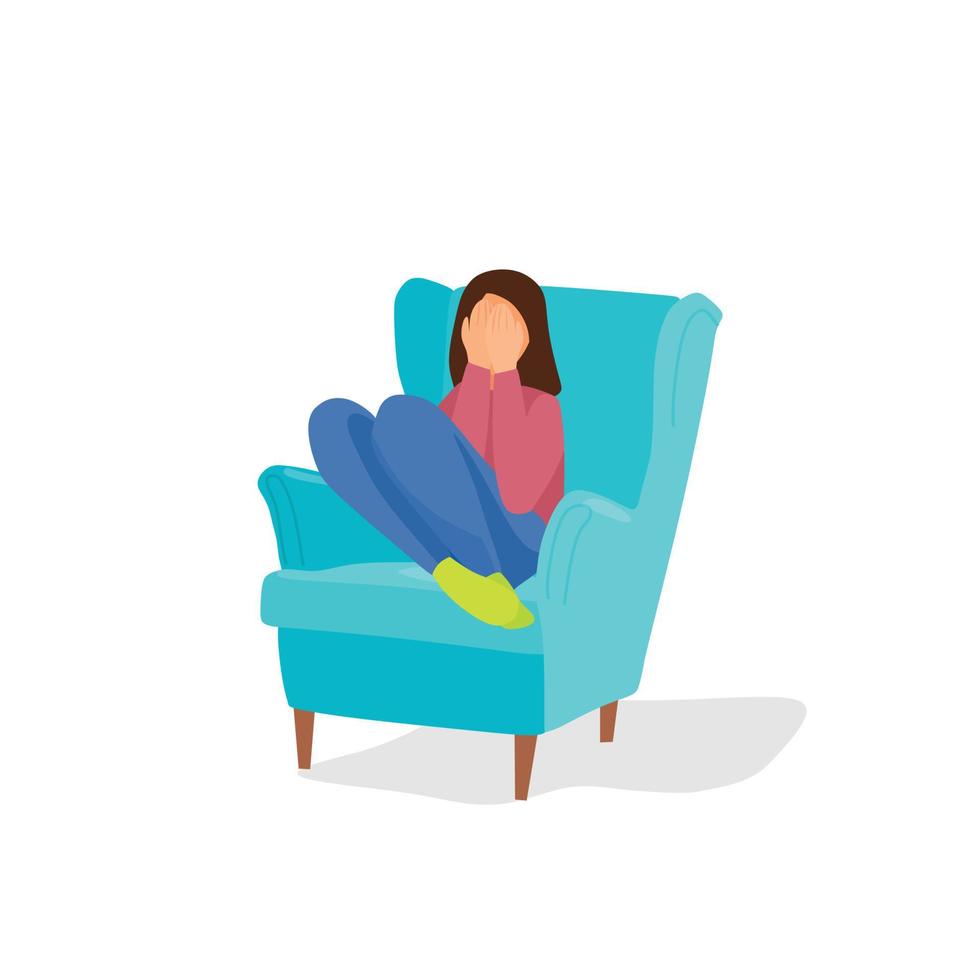 arbete med en psykolog. de flicka är Sammanträde på en stol och omslag henne ansikte med henne händer. vektor tecknad serie illustration