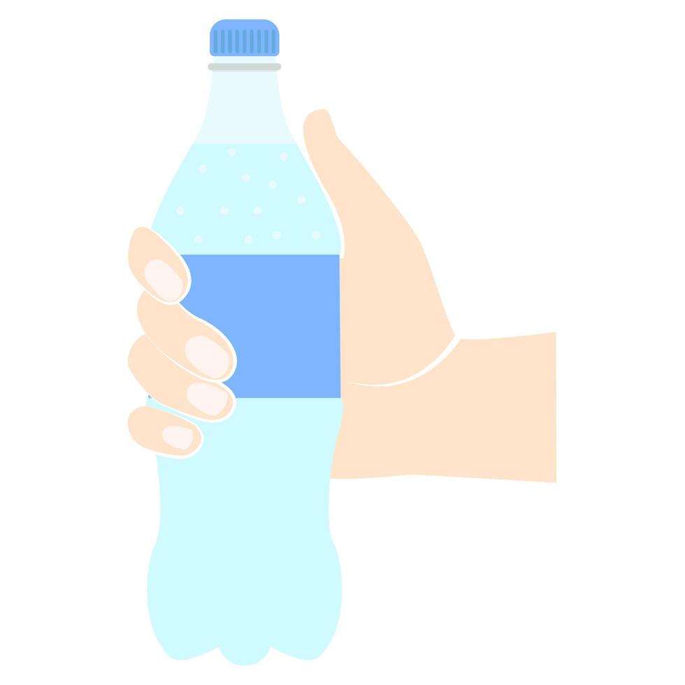 Symbol Flasche Wasser in der Hand halten. Wasser im Plastiktarre-Piktogramm. Vektor flaches Design. isoliert auf weißem Hintergrund. Symbol für Fast-Food-Getränke. kohlensäurehaltiges Wasser