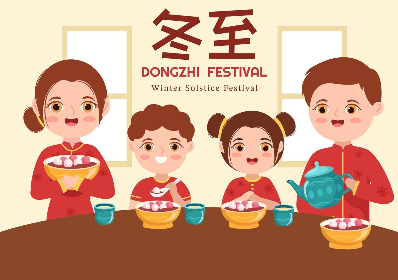 dongzhi eller vinter- solstånd festival mall hand dragen tecknad serie platt illustration med familj njuter kinesisk mat tangyuan och Jiaozi begrepp vektor