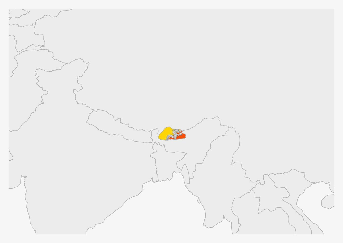 bhutan Karta markerad i bhutan flagga färger vektor