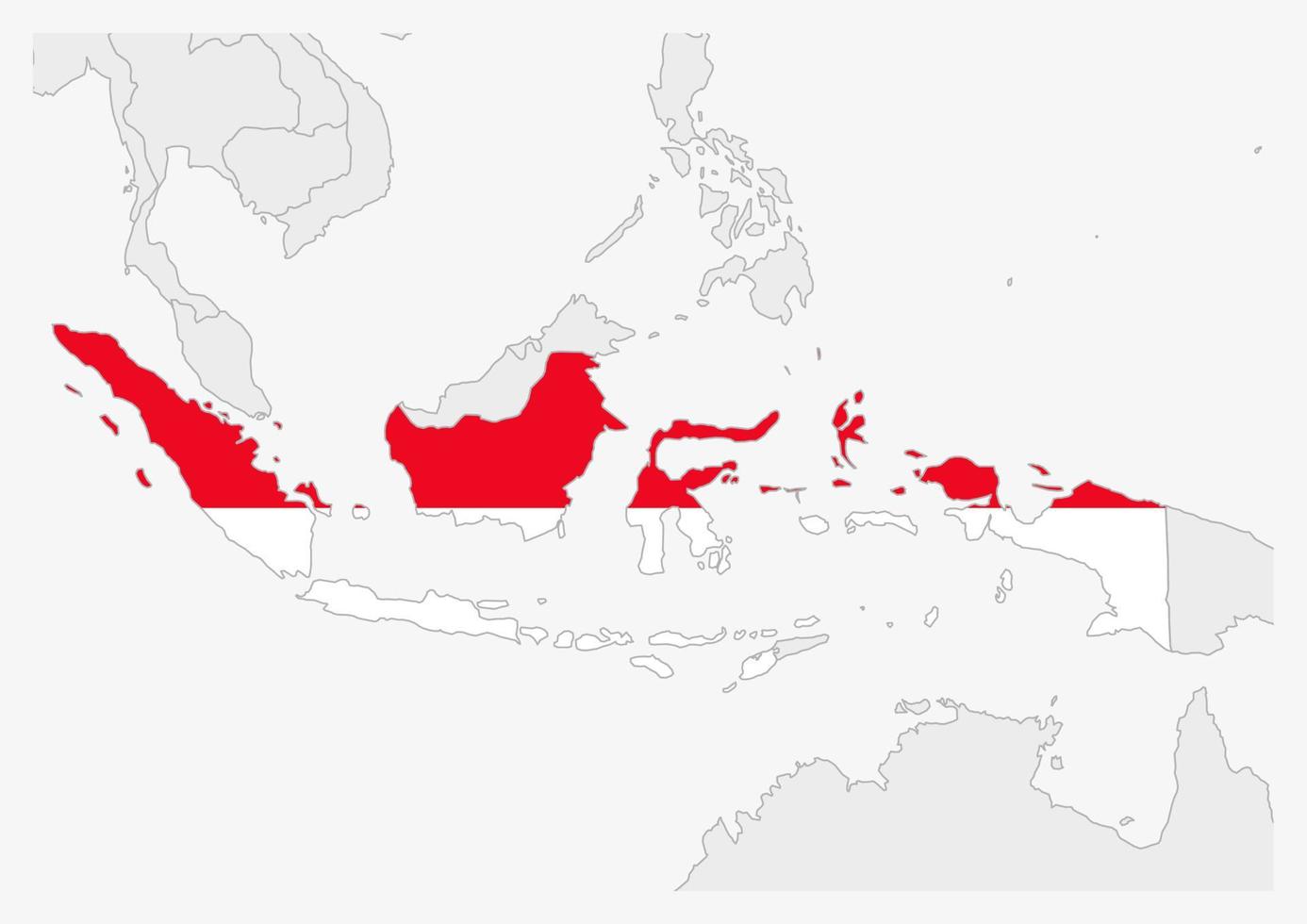 indonesien-karte in den farben der indonesischen flagge hervorgehoben vektor