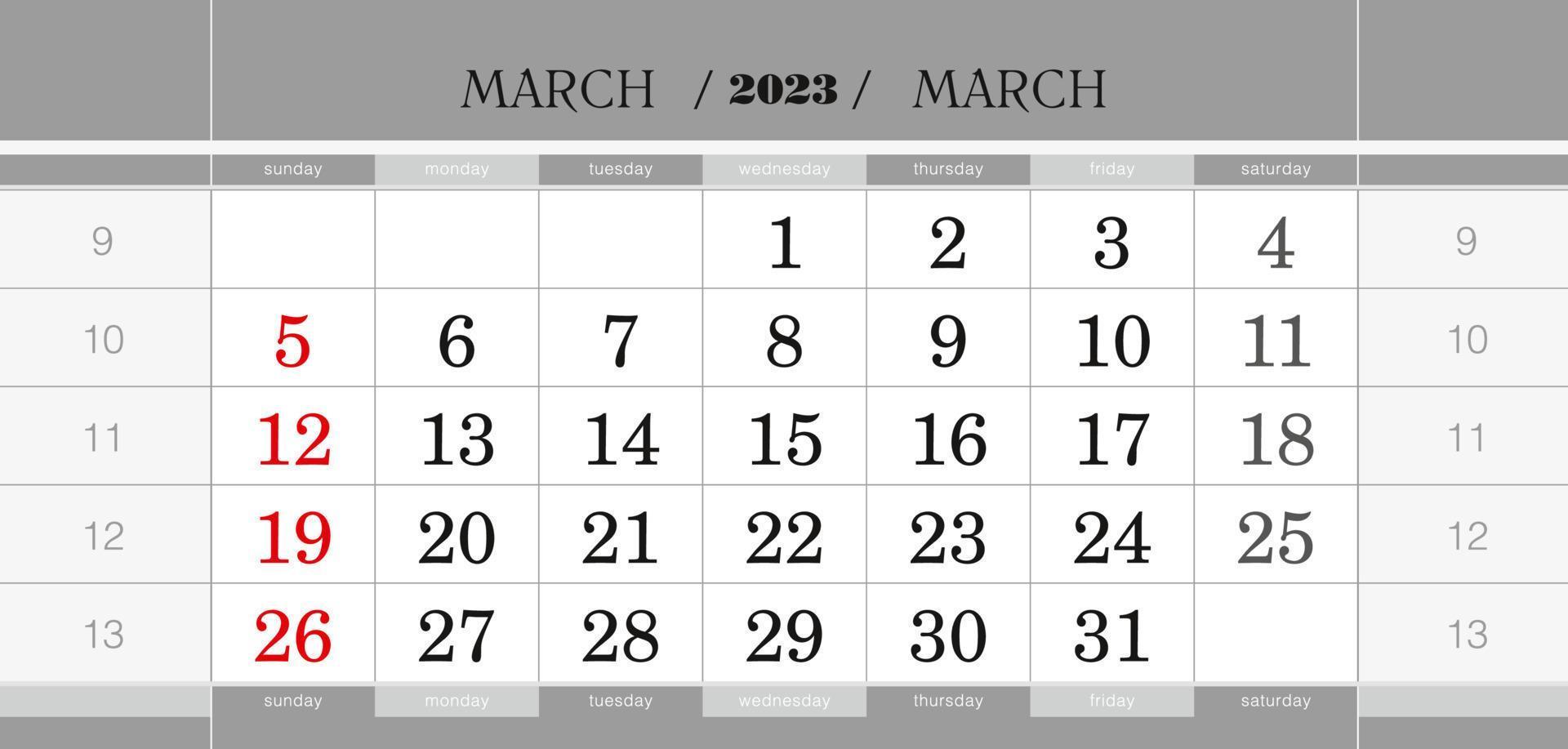 Mars 2023 kvartals kalender blockera. vägg kalender i engelsk, vecka börjar från söndag. vektor