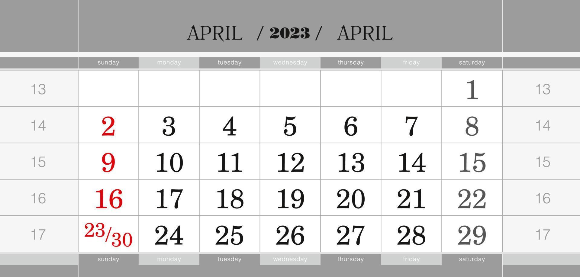 april 2023 vierteljährlicher kalenderblock. Wandkalender in Englisch, Woche beginnt am Sonntag. vektor