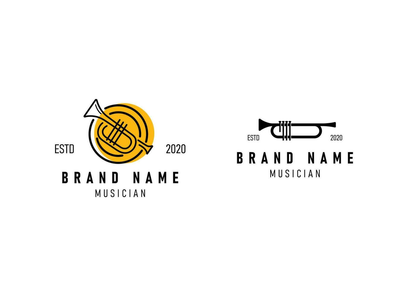 trumpet logotyp design, generera melodi, musikalisk jazz instrument vektor skiss illustration