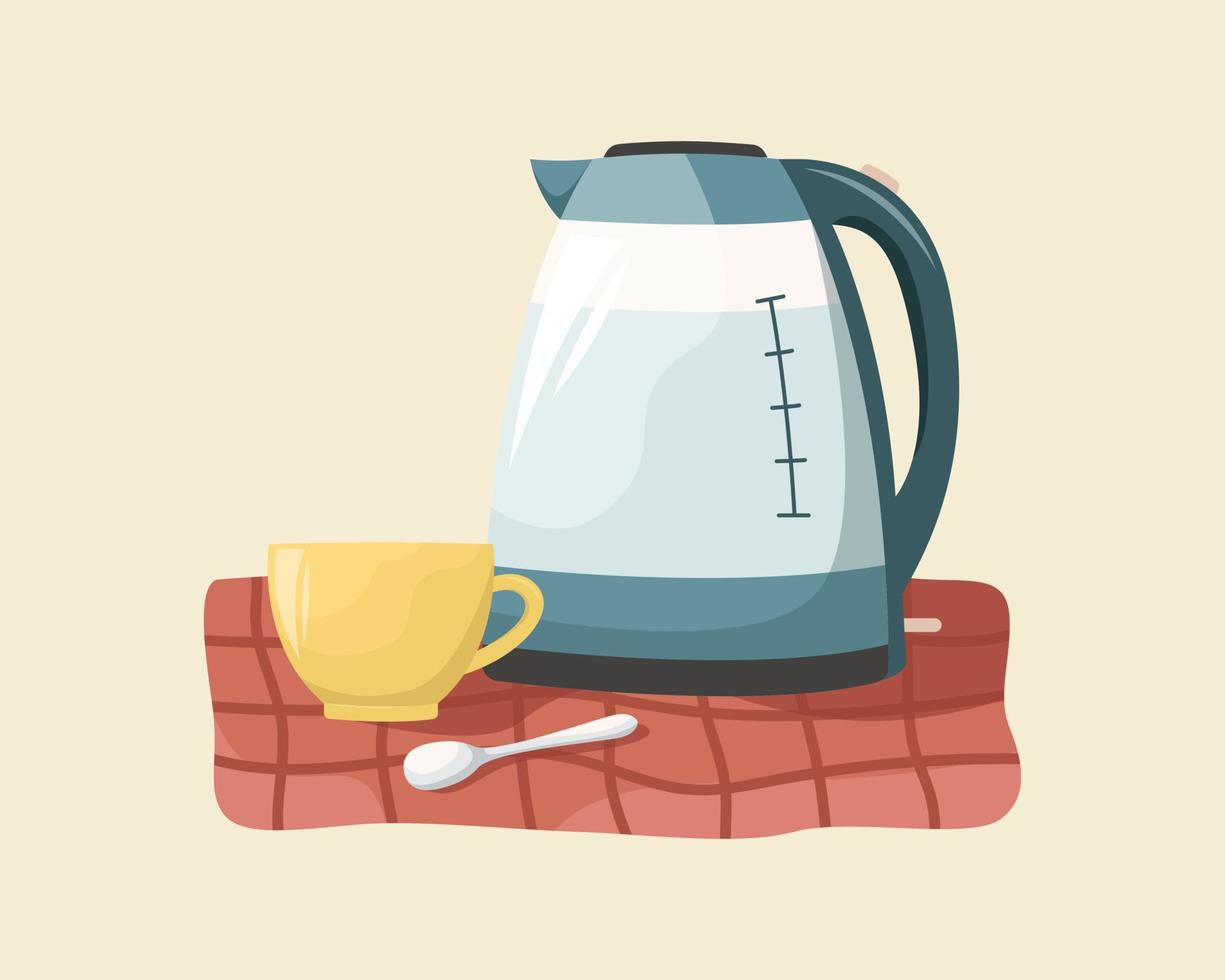vektor illustration av en tekanna och en keramisk kopp på en bordsduk.