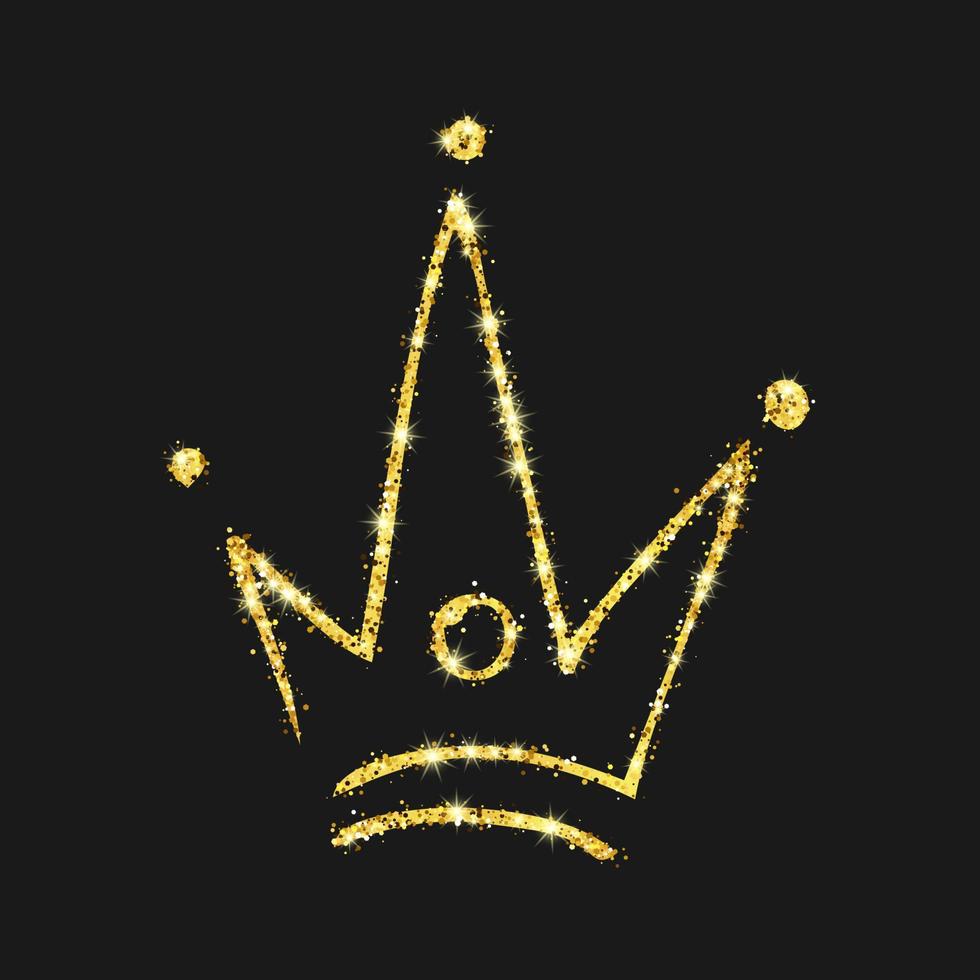 goldglitter handgezeichnete krone. einfache graffiti-skizze königin oder königskrone. königliche kaiserliche krönung und monarchsymbol isoliert auf dunklem hintergrund. Vektor-Illustration vektor