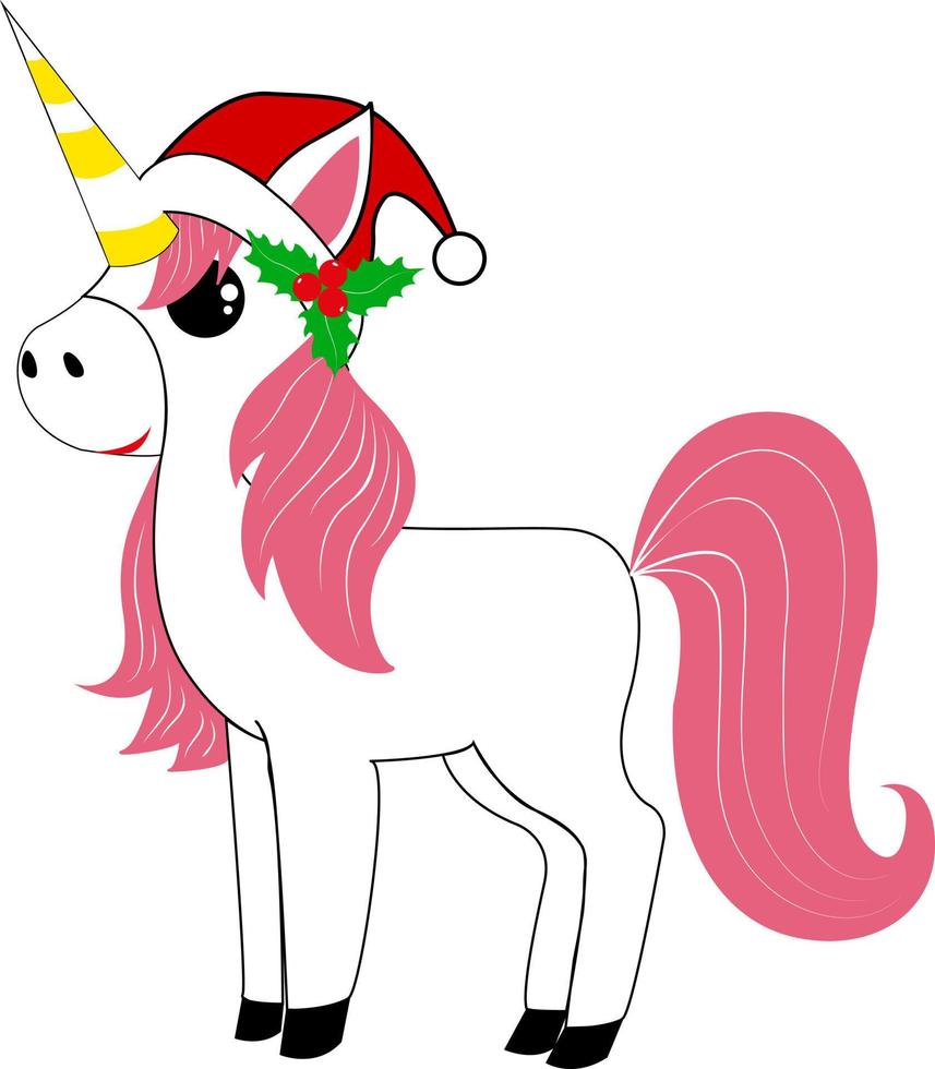 söt liten rosa magi enhörning i santa hatt. ny år. jul. kort. vektor
