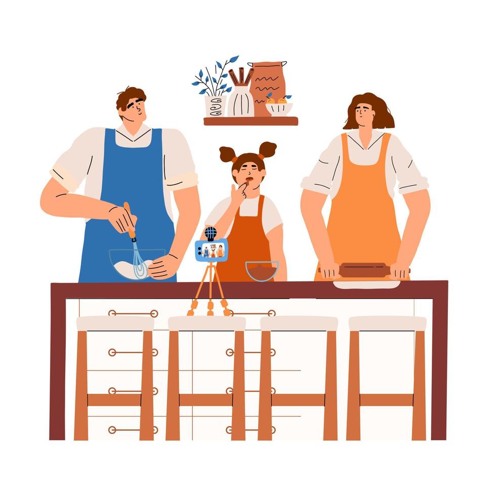Eine glückliche Familie dreht ein Video für einen Food-Blog. mutter, vater und tochter kochen zusammen in der küche. vektorillustration im handgezeichneten stil. vektor