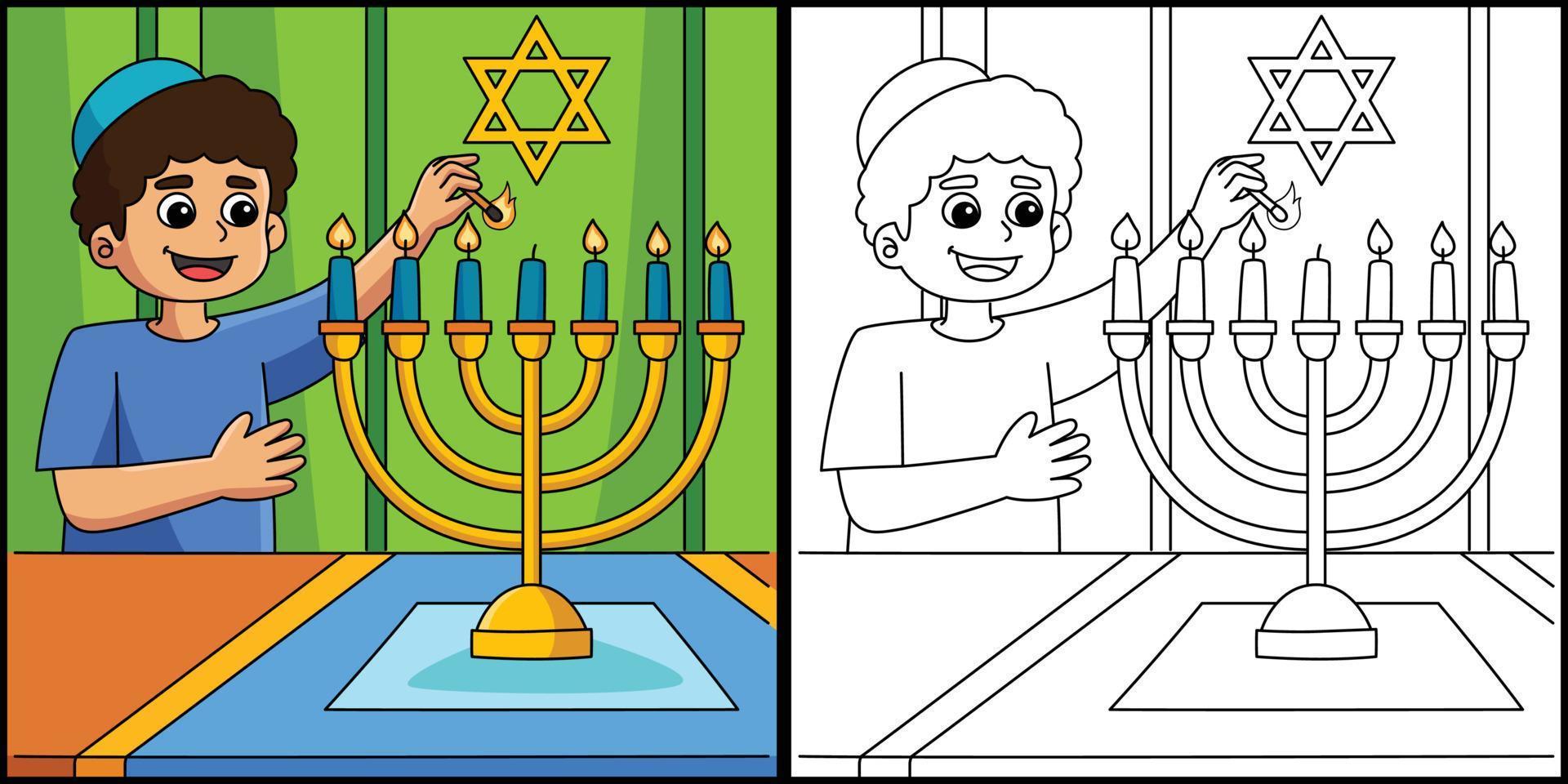 chanukka-junge, der menorah-illustration beleuchtet vektor