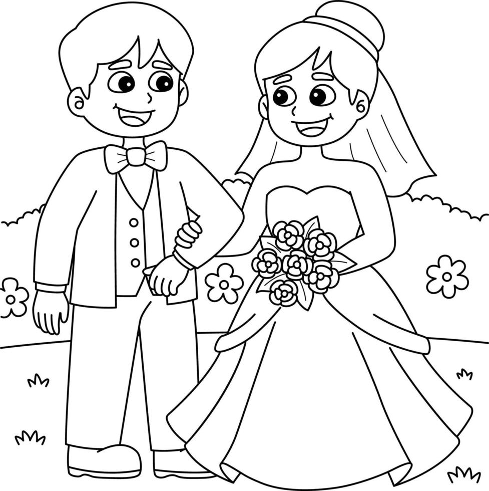 bröllop brudgum och brud färg sida för barn vektor
